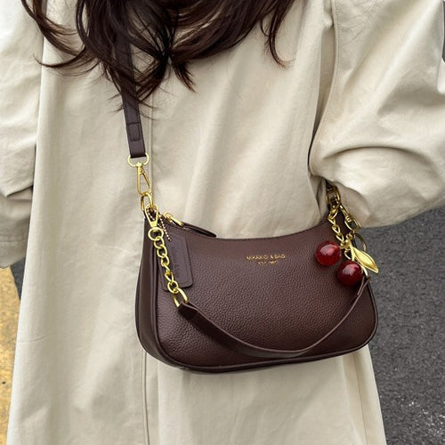 Cherry Charm Crescent Shoulder Bag – Coffee Brown